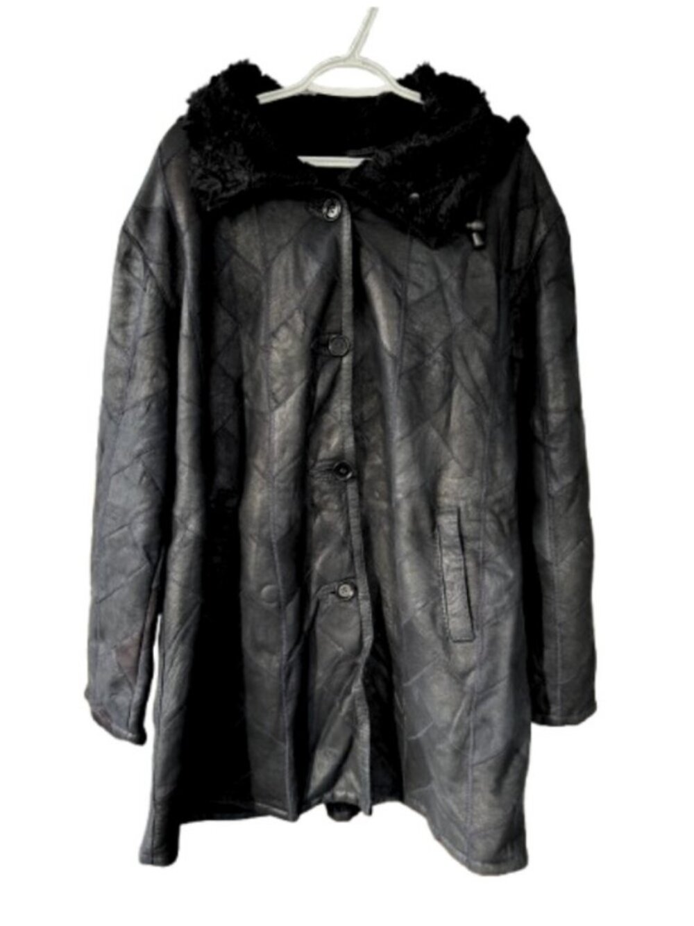 Furs Land vintage fur lining herringbone leather coat black women's size 3X